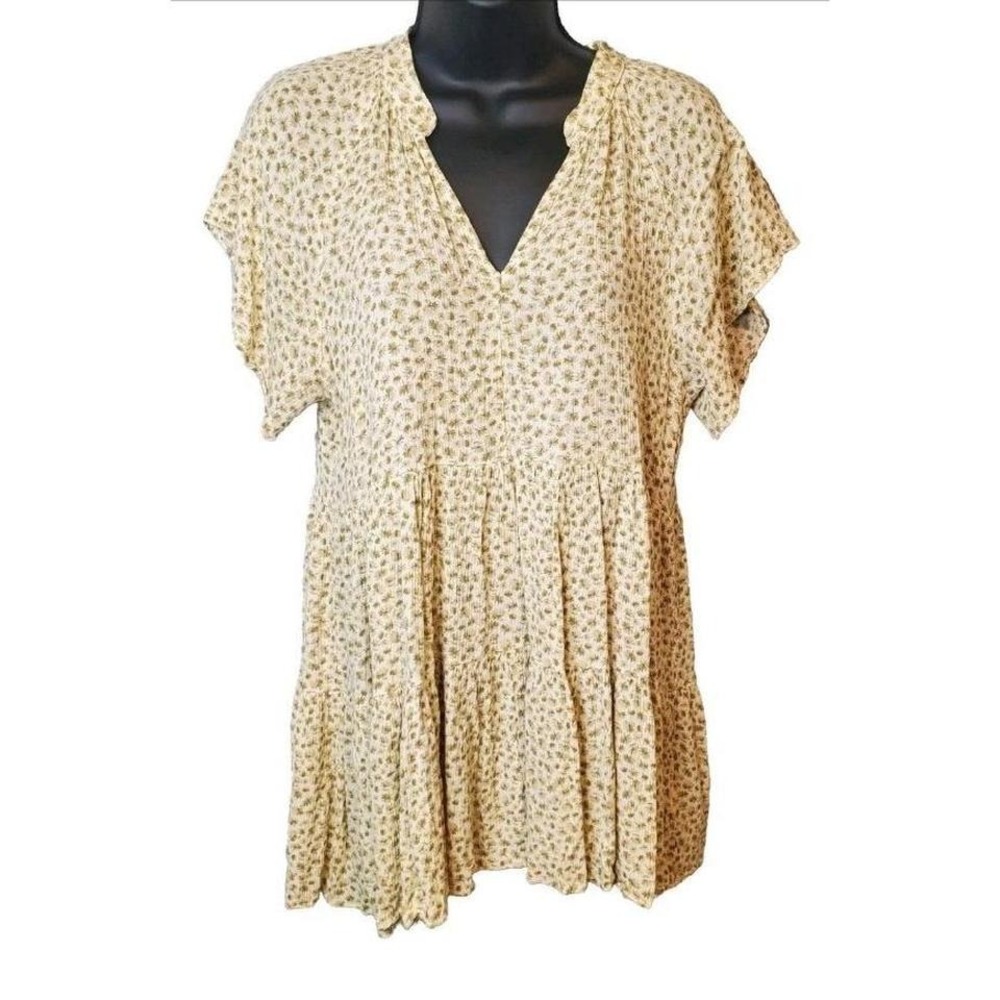 Millibon Womens Small Short Sleeve‎ V Neck Beige Neutral Flower Print Dress